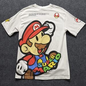 Bonkers Super Mario Shirt Mens XS White Video Game Graphic Tee Cartoon Allover